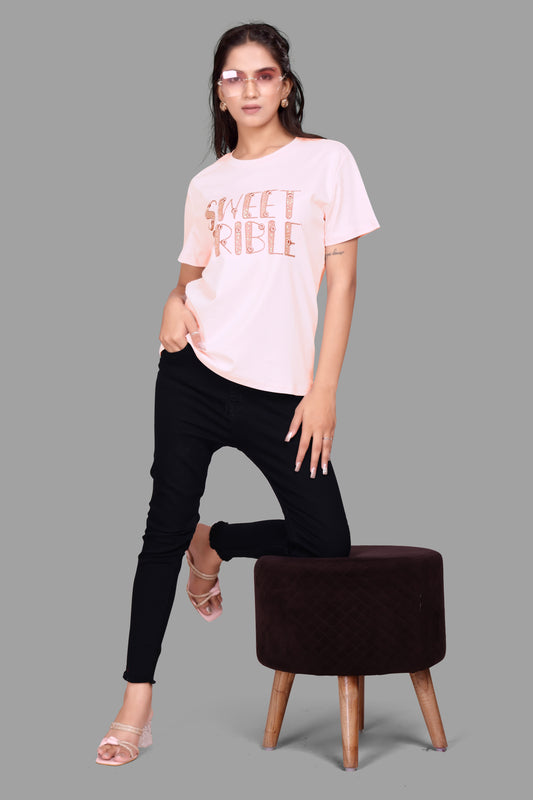 Sweet Scribble Oversized T-Shirt for Women with sequence work