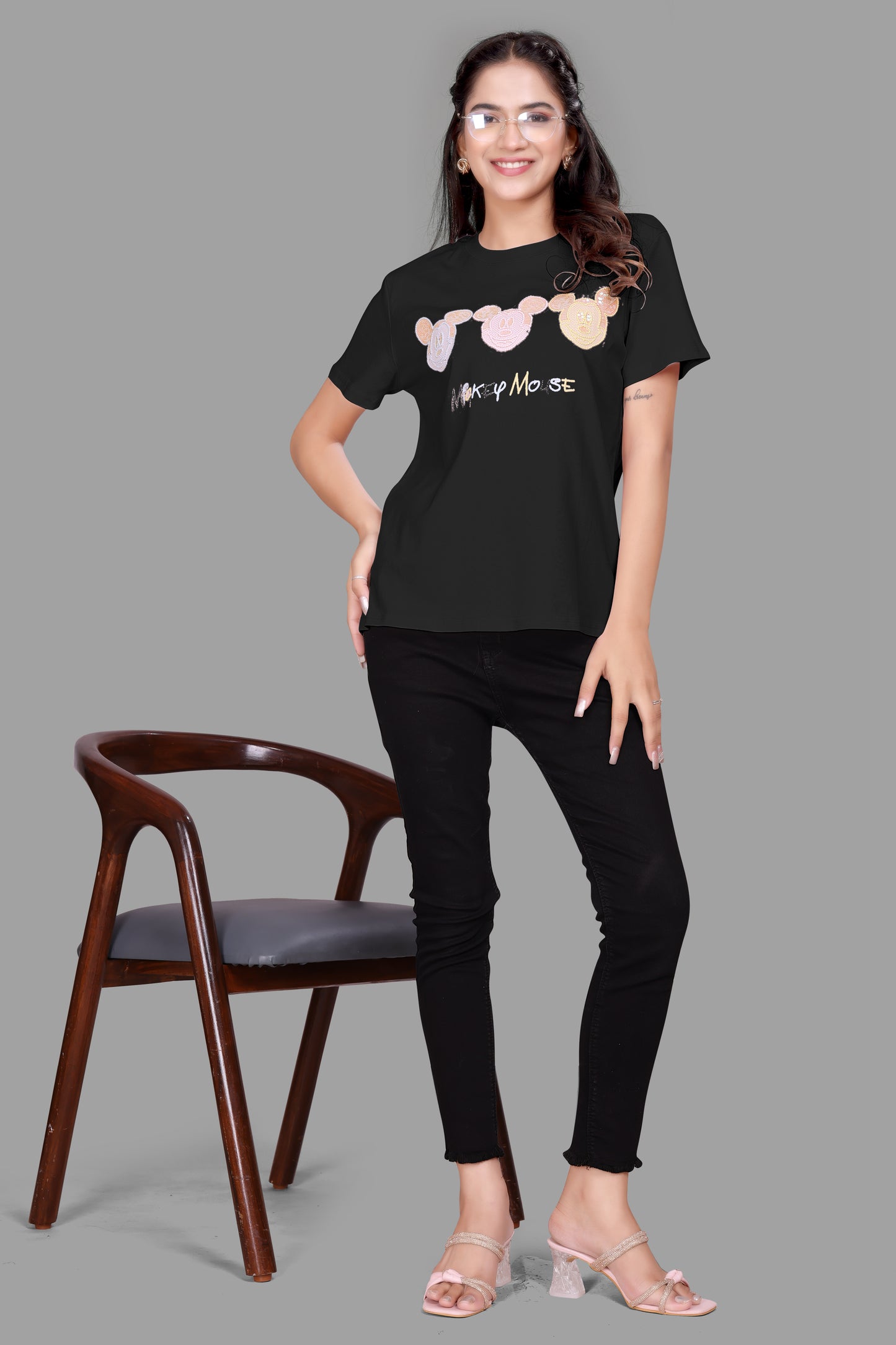Dazzling Mickey Mouse Sequence Work Oversized T-Shirt for Women