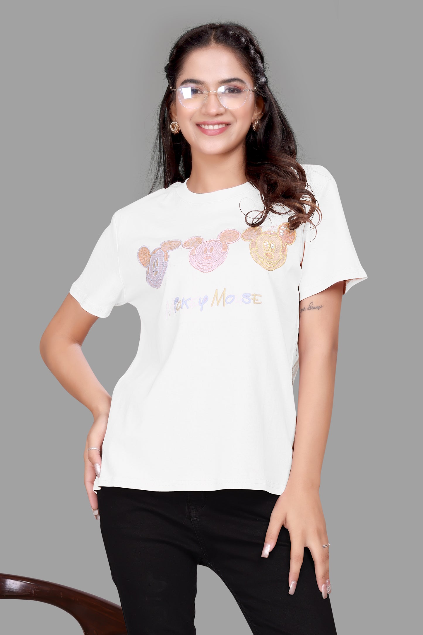 Dazzling Mickey Mouse Sequence Work Oversized T-Shirt for Women