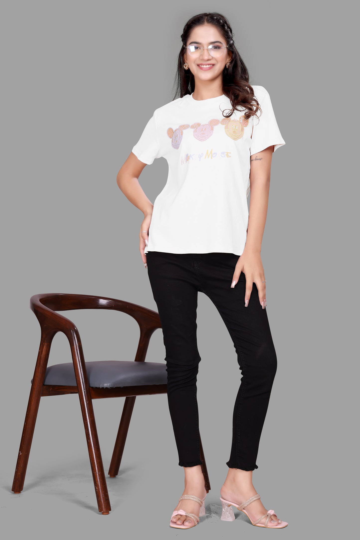 Dazzling Mickey Mouse Sequence Work Oversized T-Shirt for Women