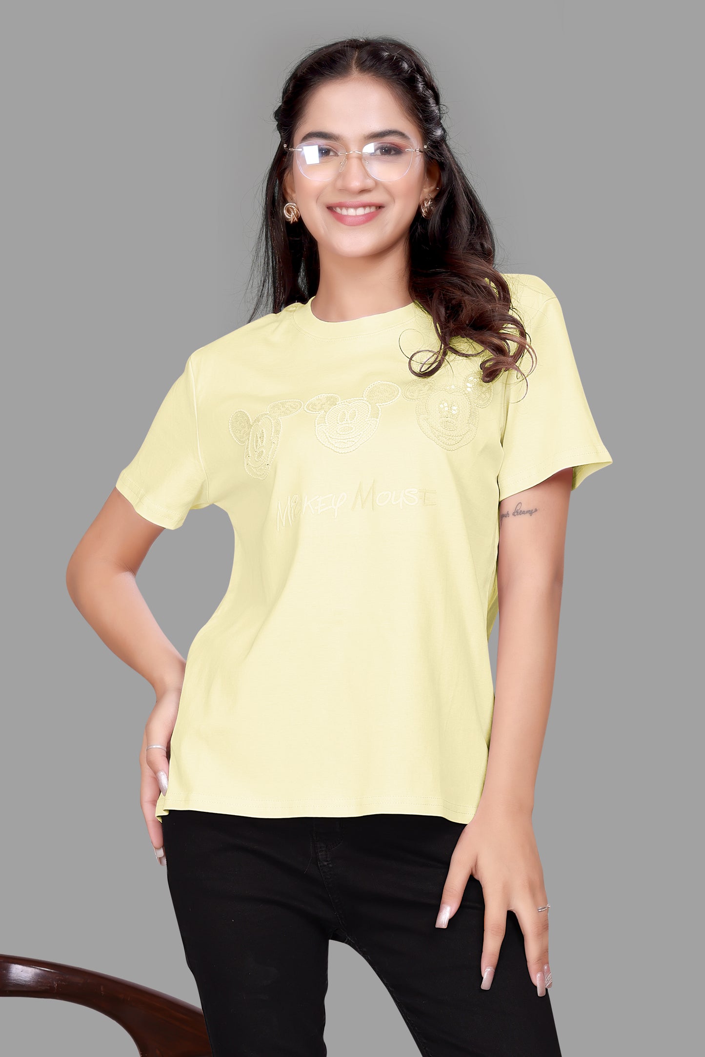 Dazzling Mickey Mouse Sequence Work Oversized T-Shirt for Women