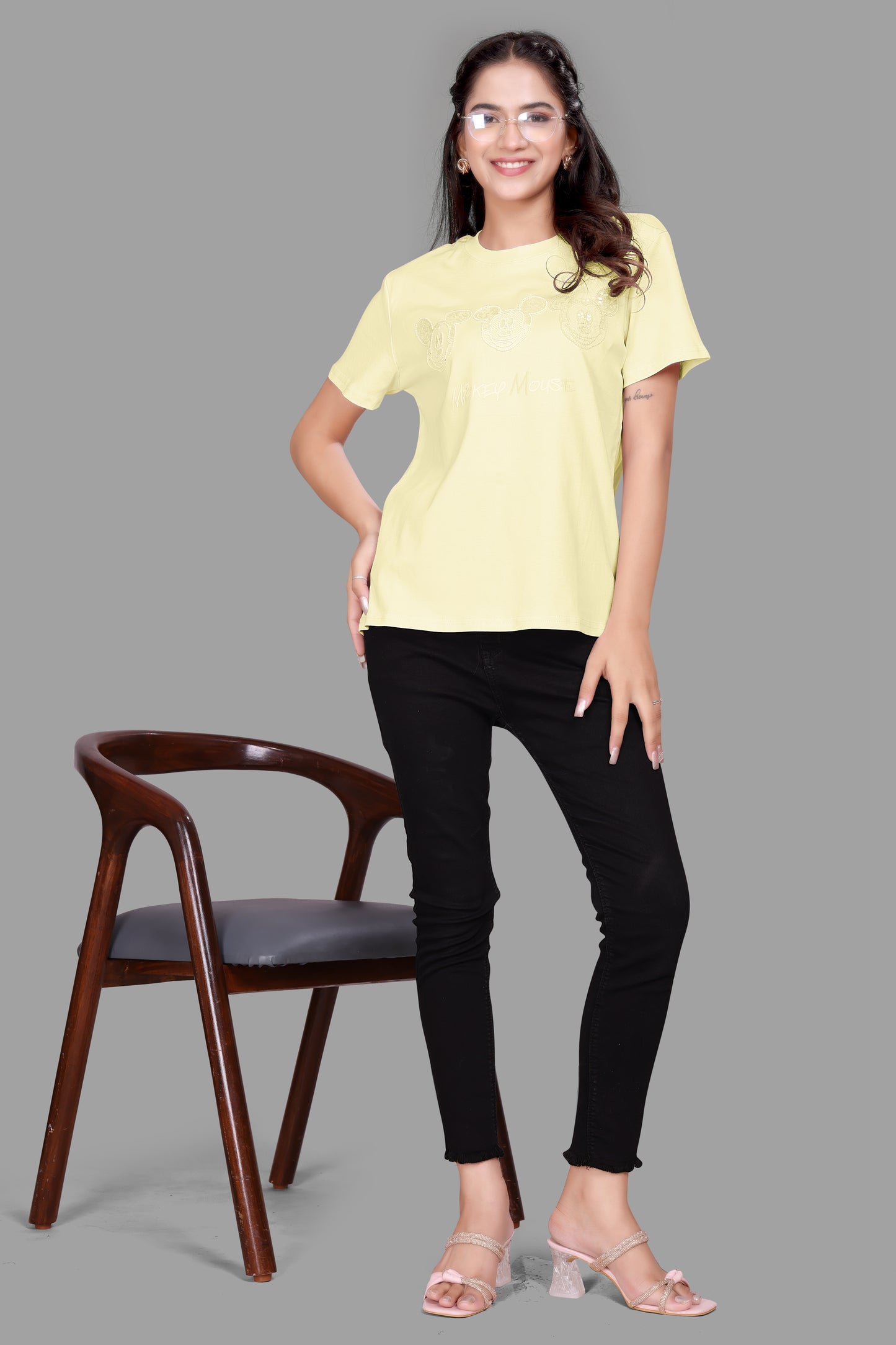 Dazzling Mickey Mouse Sequence Work Oversized T-Shirt for Women