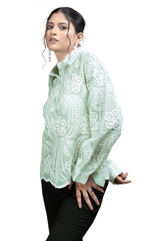 Mint Green Embroidered Boxy Shirt
