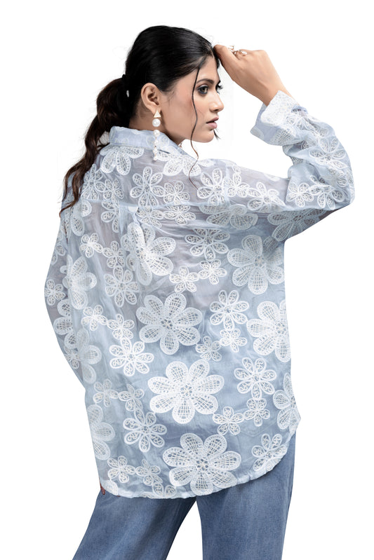 White Floral Embroidered Mesh Oversized Shirt