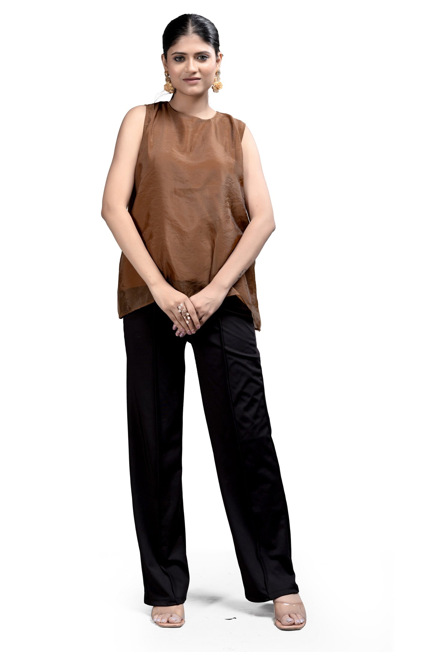 Coffee Brown Sleeveless Top with Sheen