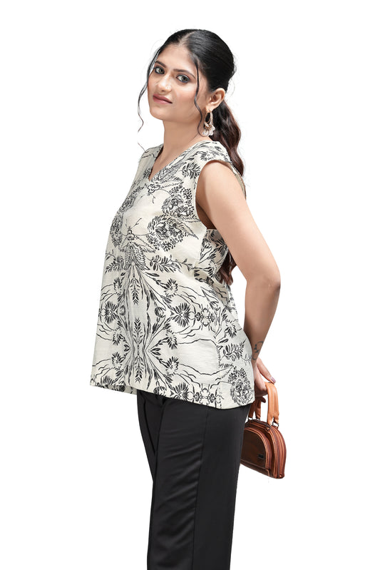 Off-White V-Neck Top with Black Floral Print
