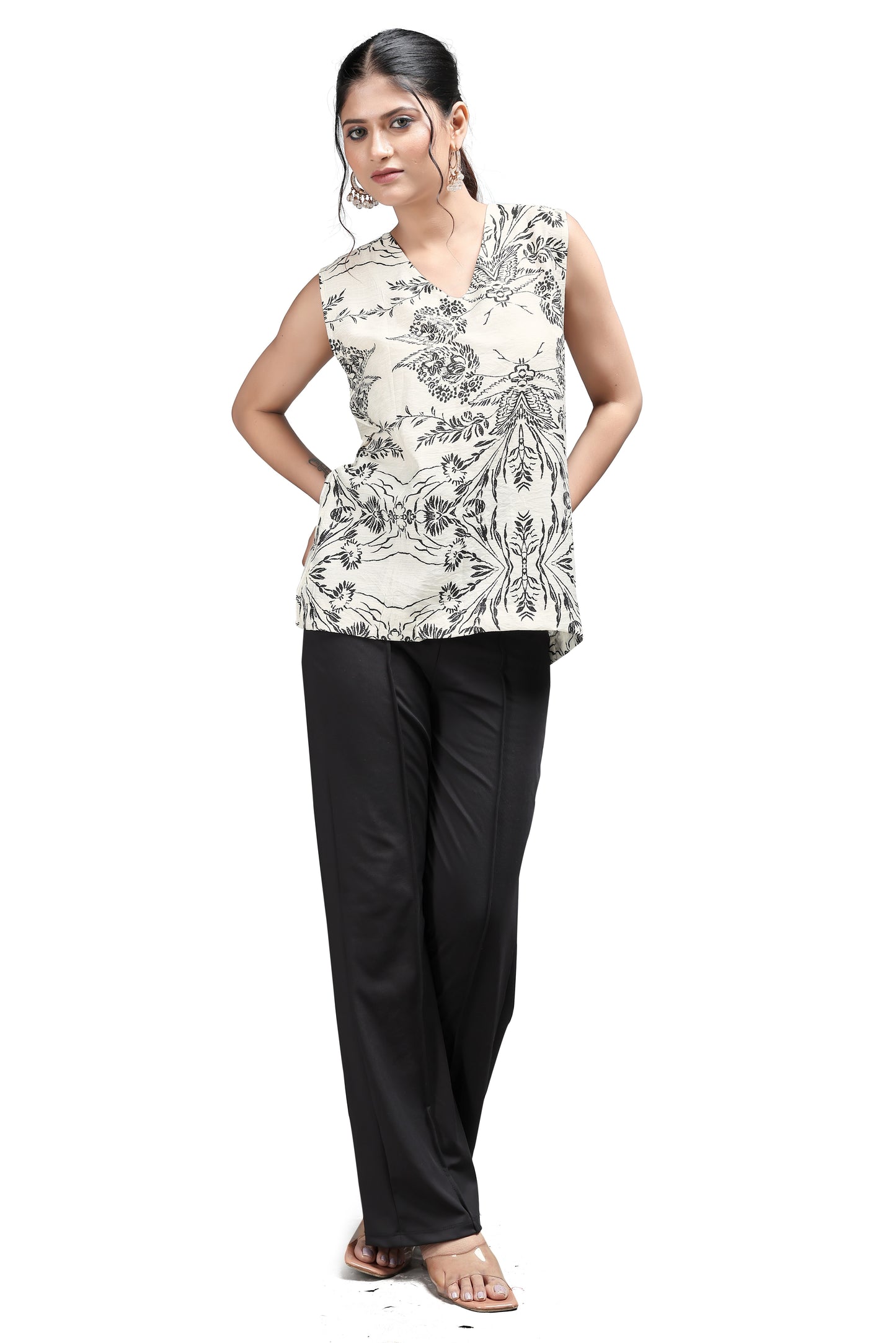 Off-White V-Neck Top with Black Floral Print