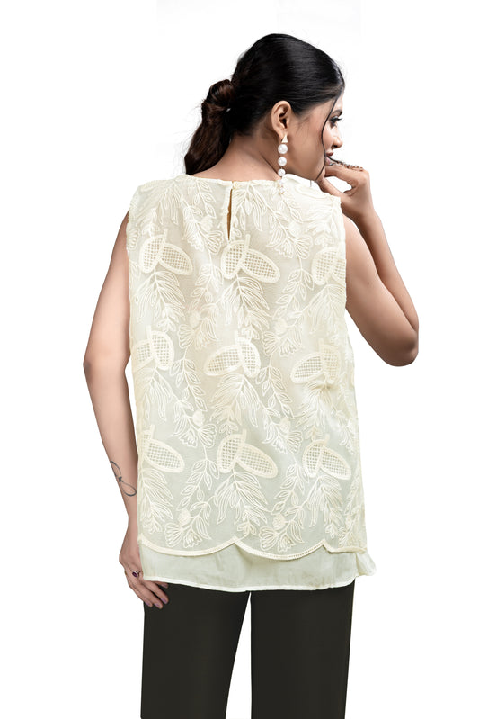 Elegant Sleeveless Ivory Embroidered Top