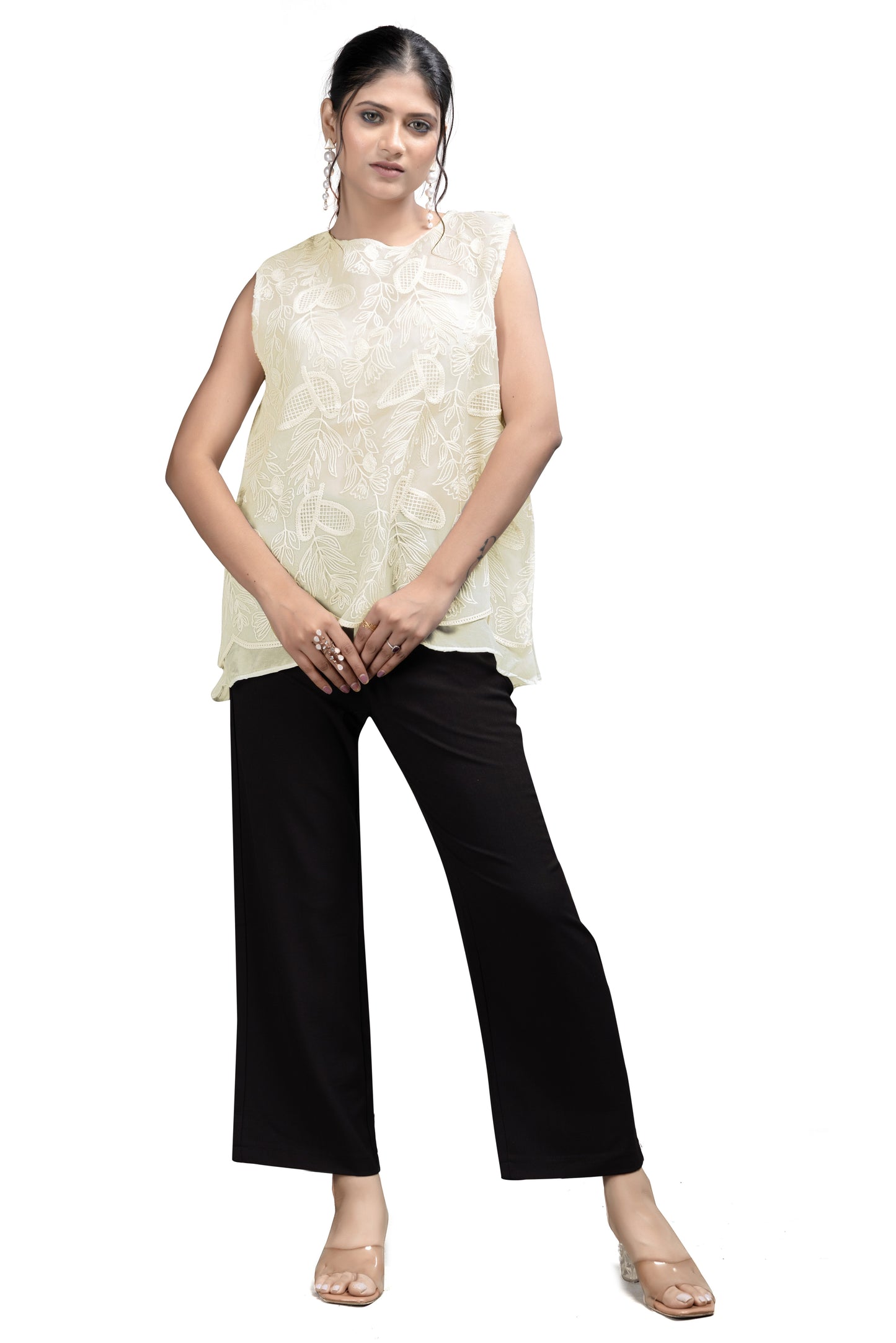 Elegant Sleeveless Ivory Embroidered Top
