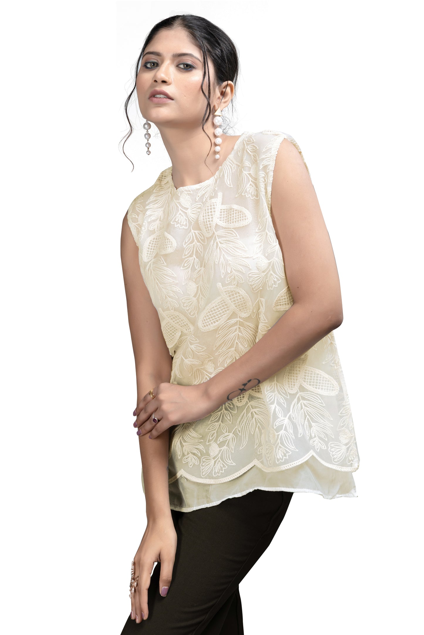 Elegant Sleeveless Ivory Embroidered Top
