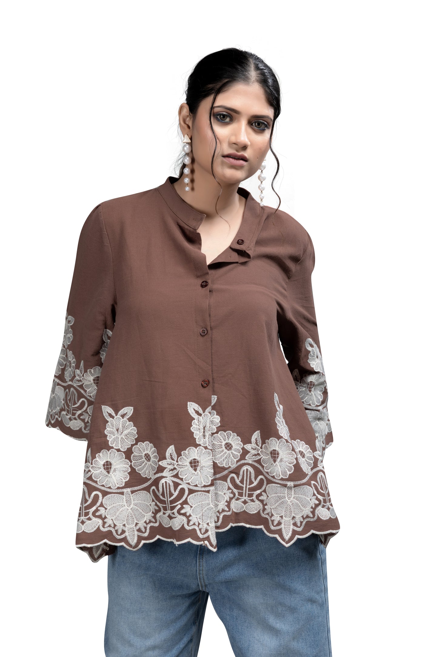 Embroidered A-Line Shirt Tunic in Coffee Brown