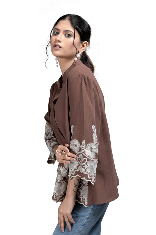 Embroidered A-Line Shirt Tunic in Coffee Brown