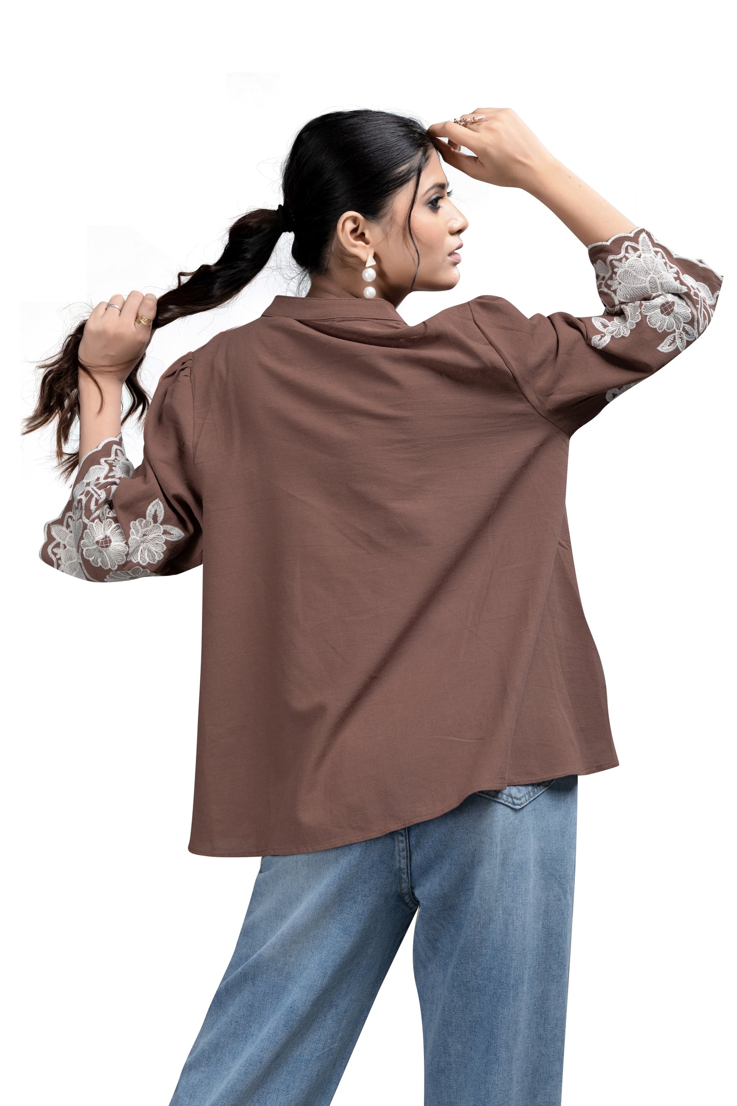Embroidered A-Line Shirt Tunic in Coffee Brown