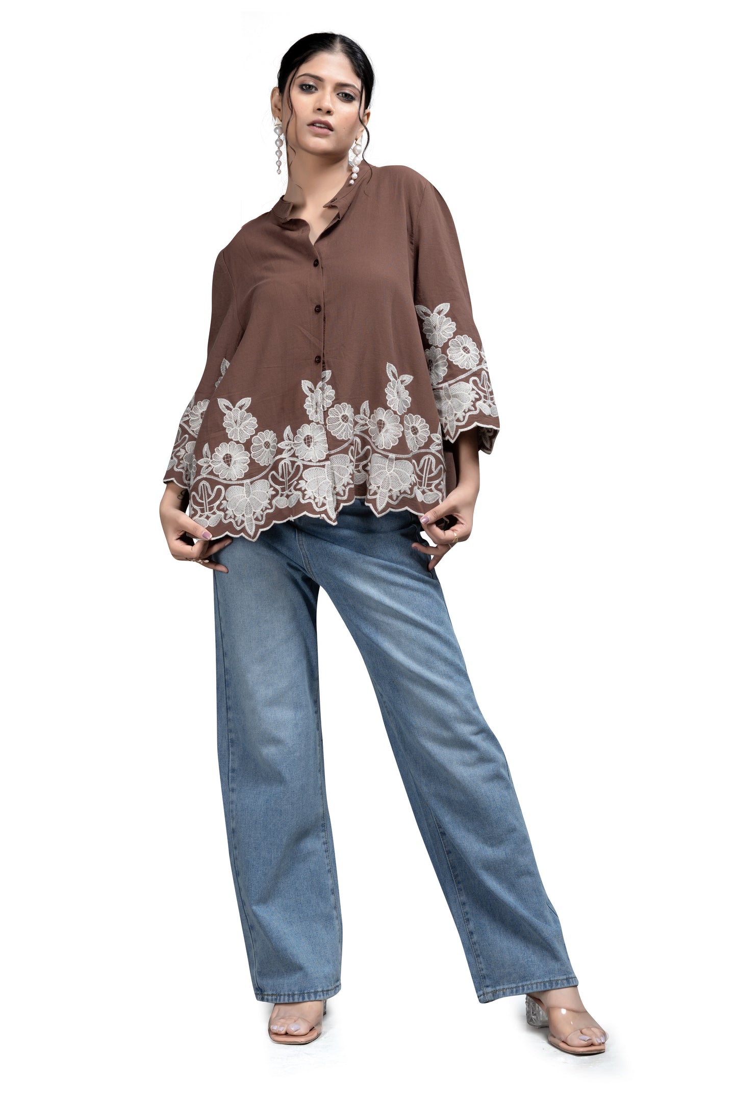 Embroidered A-Line Shirt Tunic in Coffee Brown