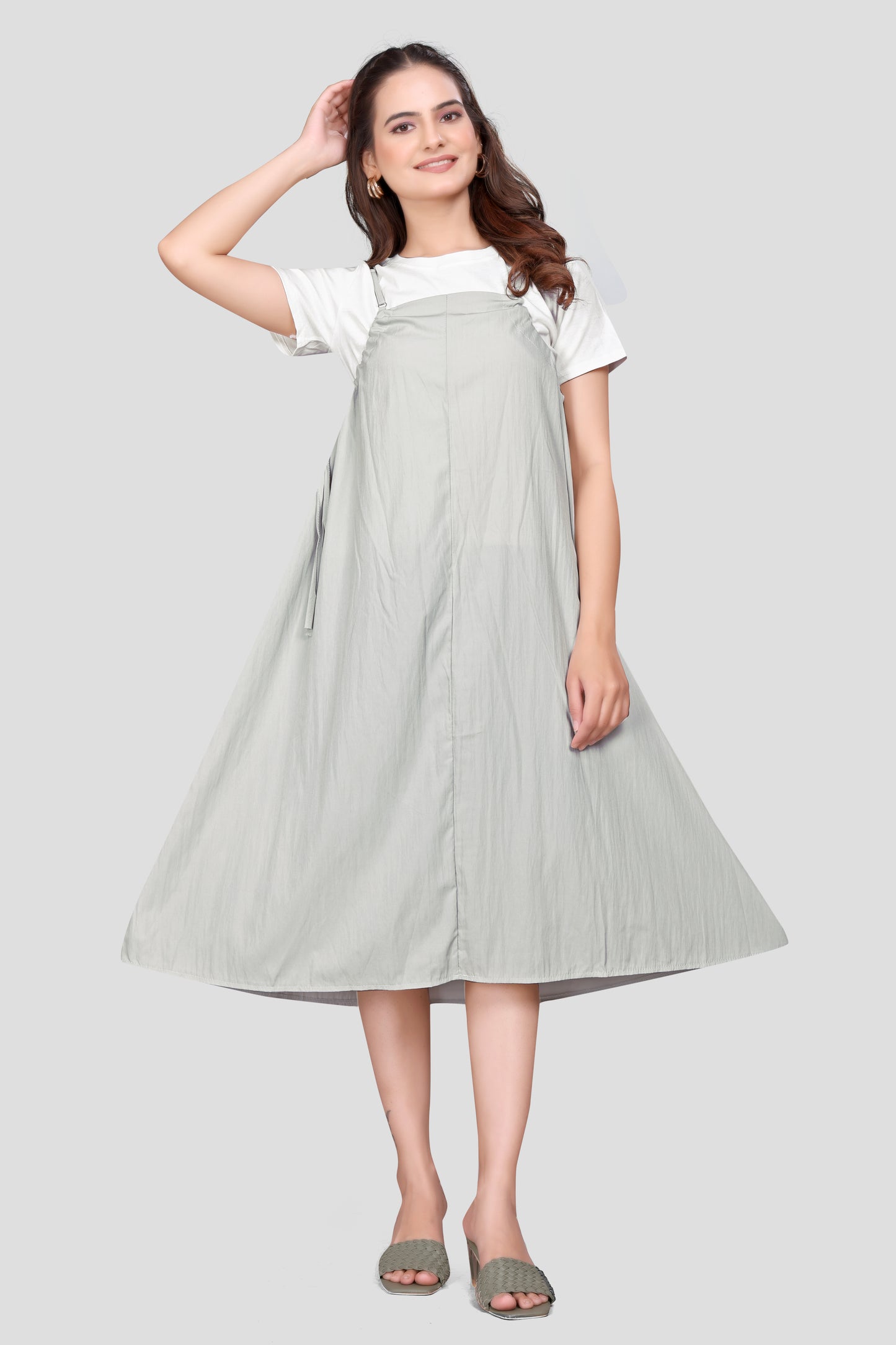 Women's Pinafore Midi Dress with Adjustable Straps