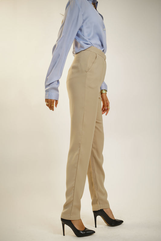 Beige High Waist pleated Trouser and Satin Shirt