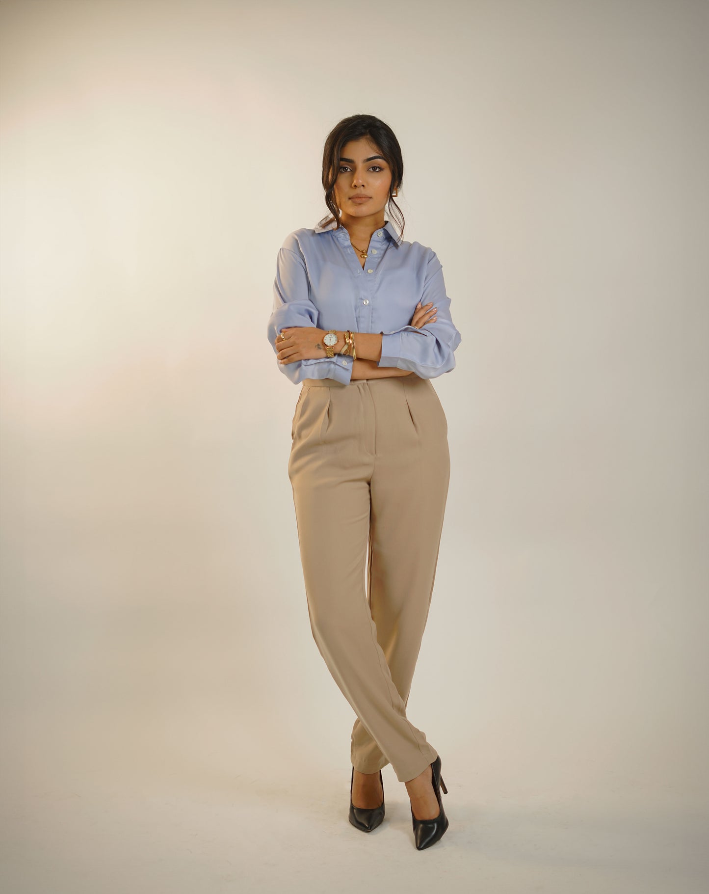 Beige High Waist pleated Trouser and Satin Shirt