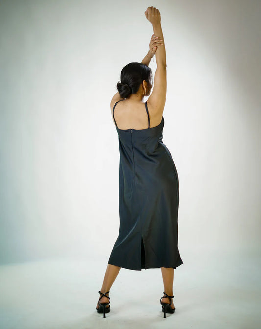 Black Satin Cowl Neck Dress