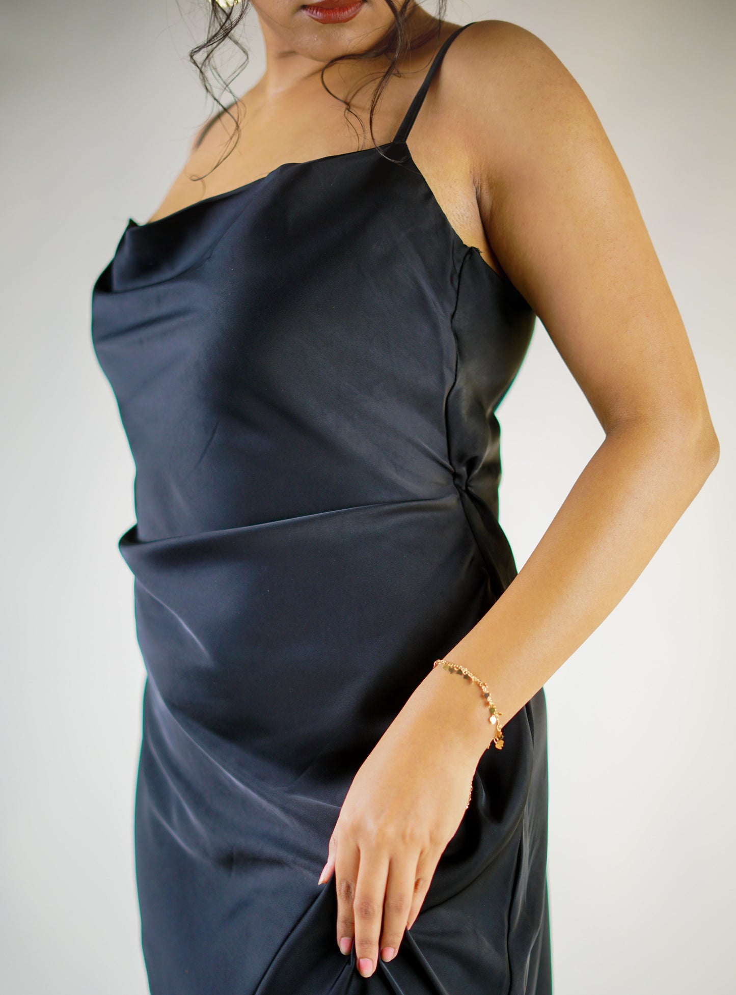 Black Satin Cowl Neck Dress