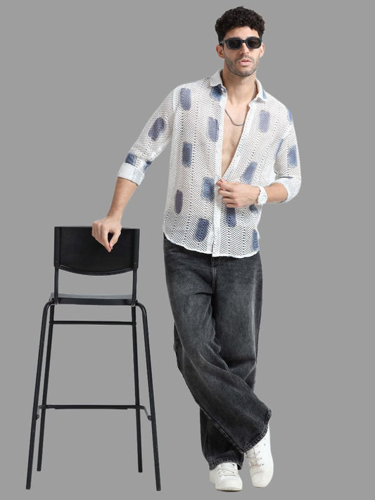 Men’s Lycra Stretchable Printed Full Sleeve Shirt – Lightweight Mesh Design with Modern Print