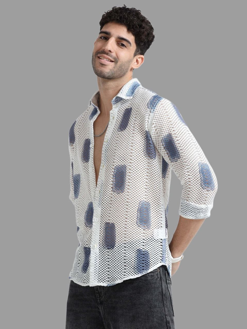 Men’s Lycra Stretchable Printed Full Sleeve Shirt – Lightweight Mesh Design with Modern Print