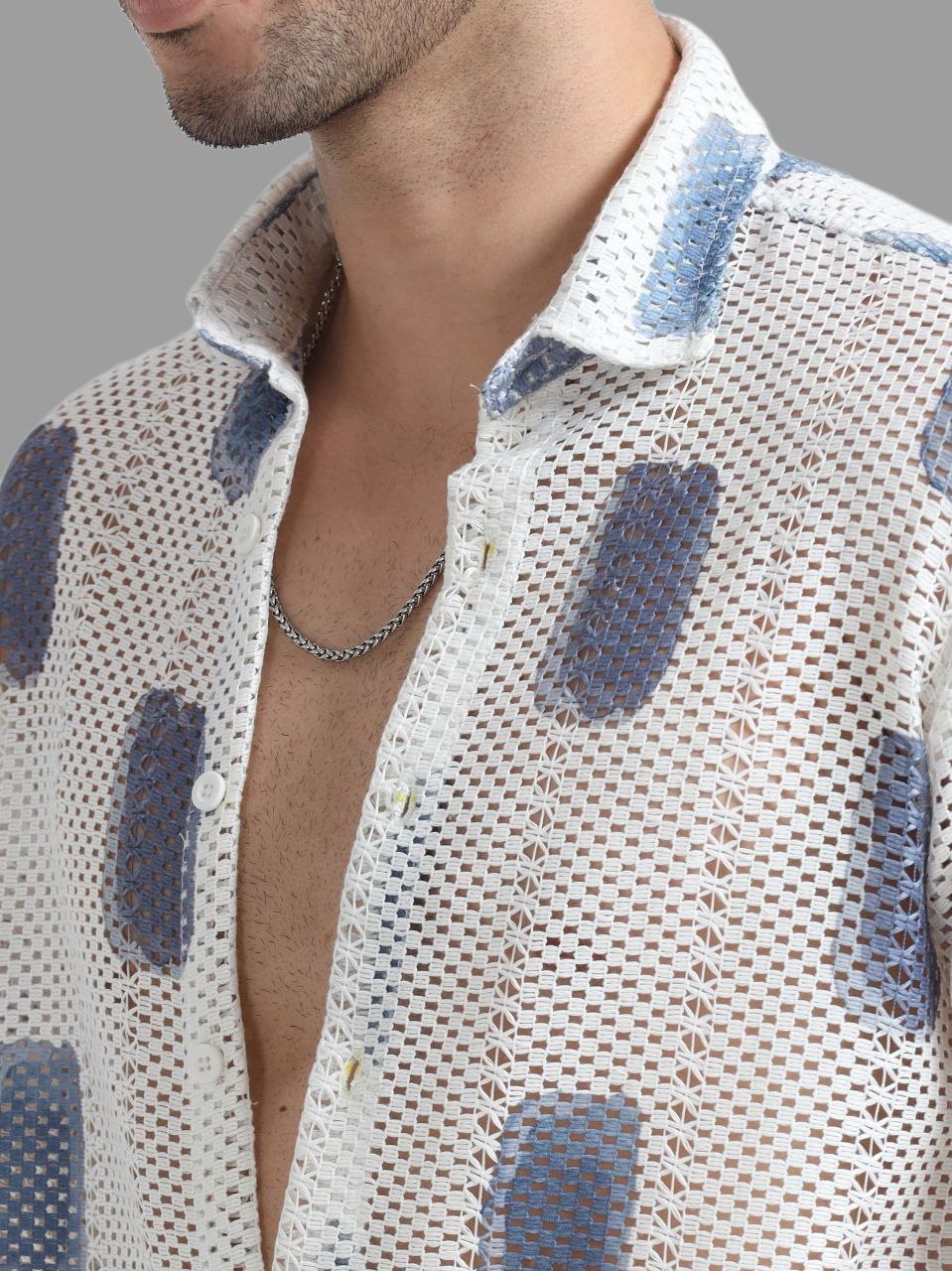 Men’s Lycra Stretchable Printed Full Sleeve Shirt – Lightweight Mesh Design with Modern Print