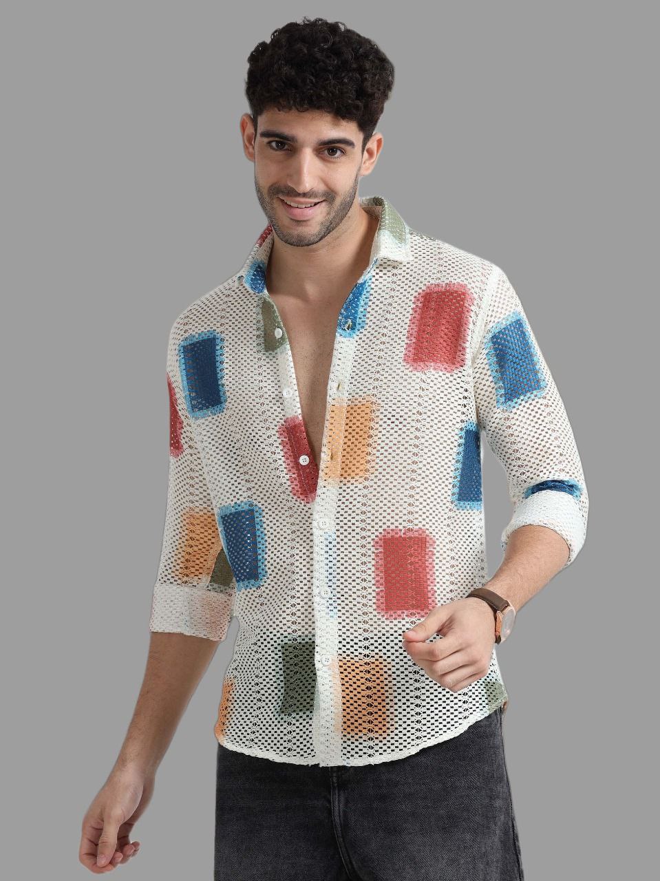 Men’s Lycra Stretchable Mesh Printed Full Sleeve Shirt – Color Block Design | Lightweight Party & Summer Wear