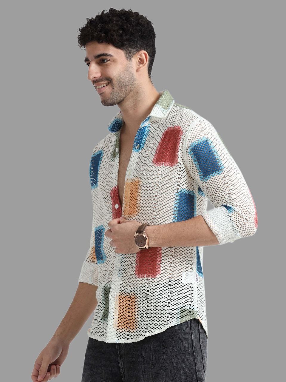 Men’s Lycra Stretchable Mesh Printed Full Sleeve Shirt – Color Block Design | Lightweight Party & Summer Wear