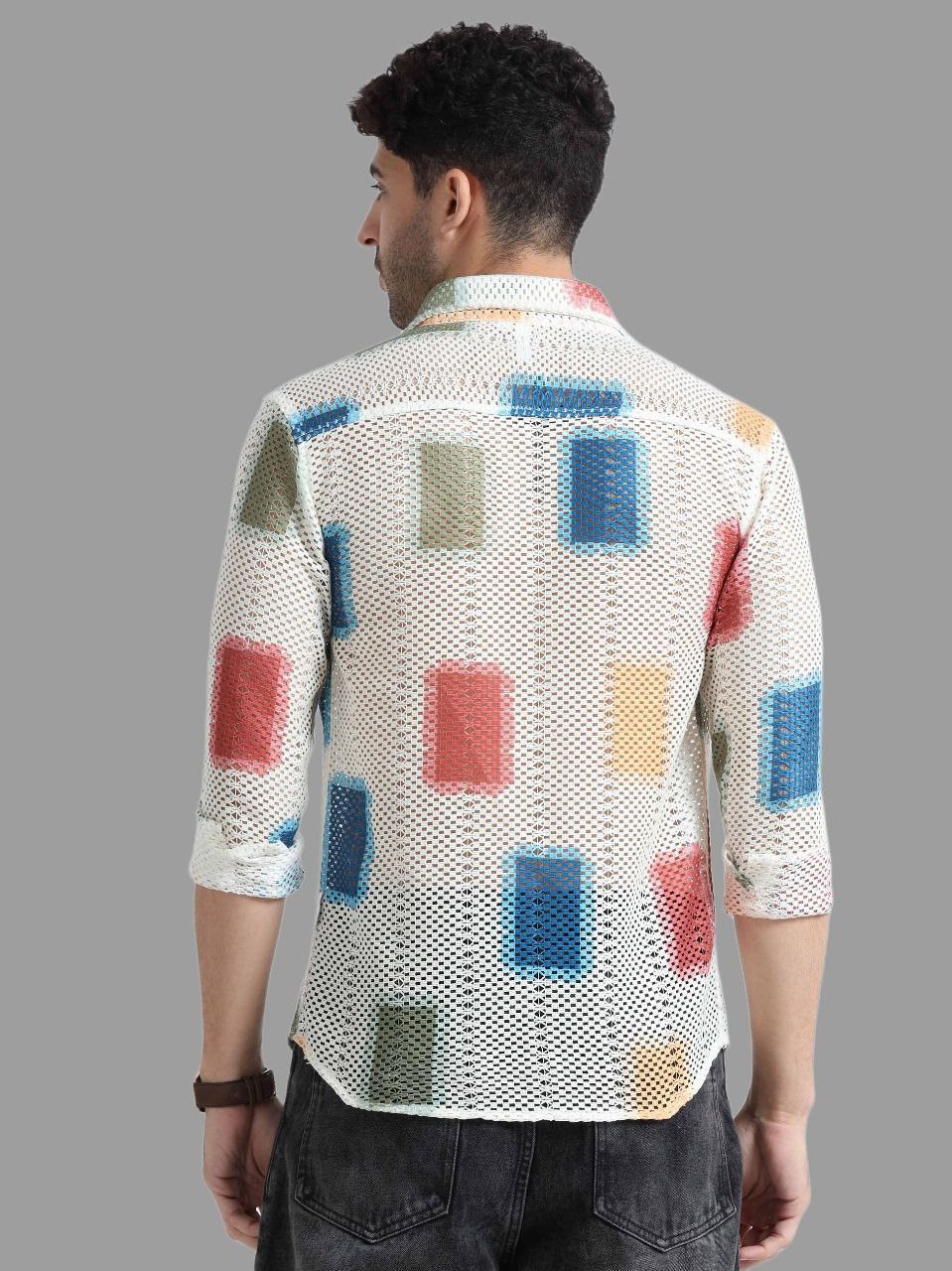 Men’s Lycra Stretchable Mesh Printed Full Sleeve Shirt – Color Block Design | Lightweight Party & Summer Wear