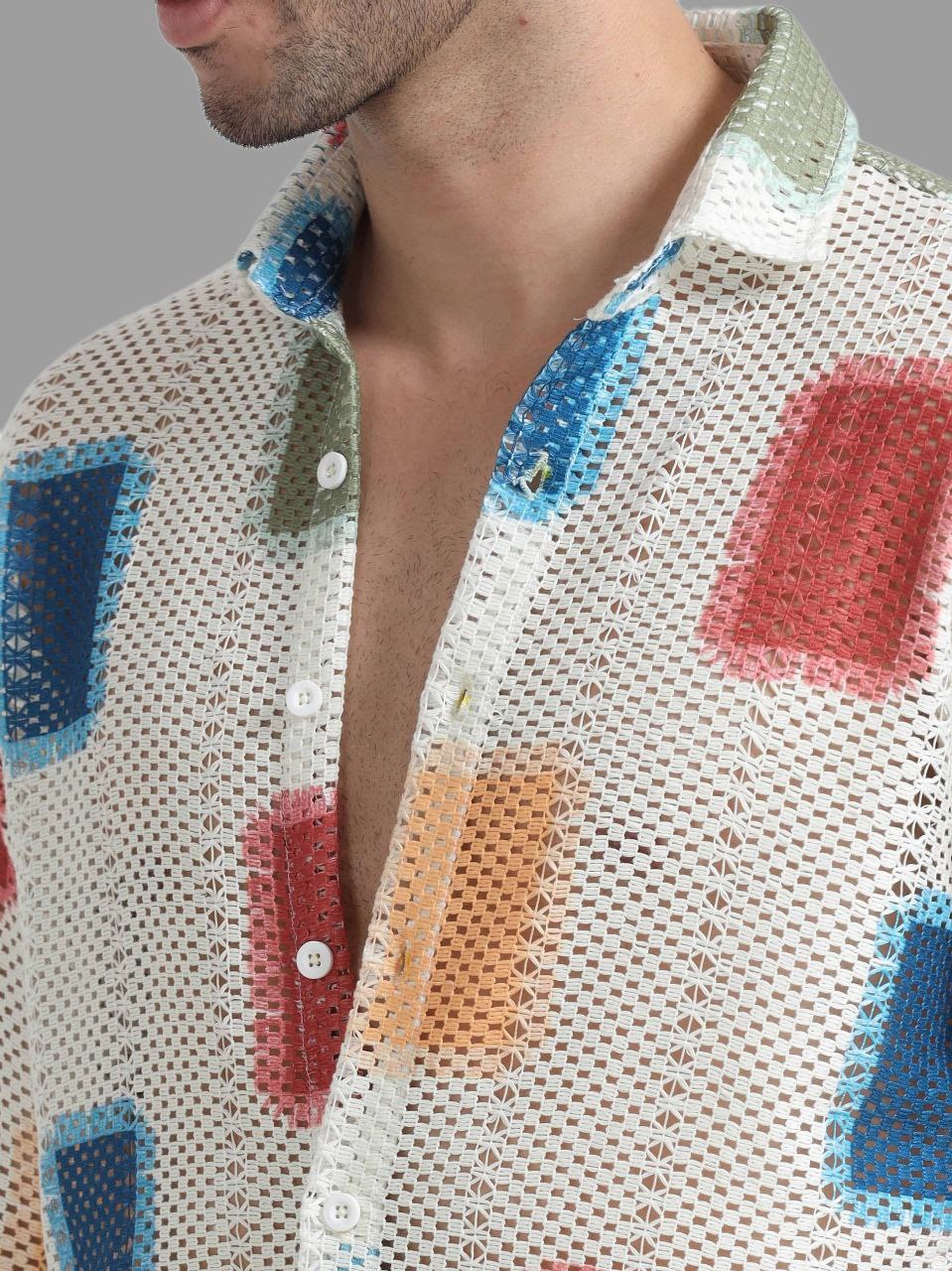 Men’s Lycra Stretchable Mesh Printed Full Sleeve Shirt – Color Block Design | Lightweight Party & Summer Wear