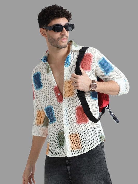 Men’s Lycra Stretchable Mesh Printed Full Sleeve Shirt – Color Block Design | Lightweight Party & Summer Wear