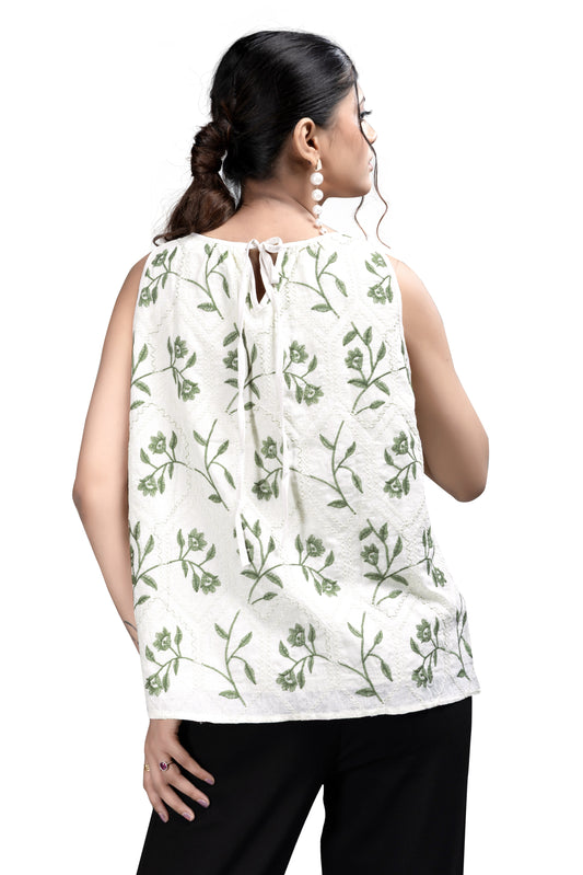 White and Green Embroidered Sleeveless Top