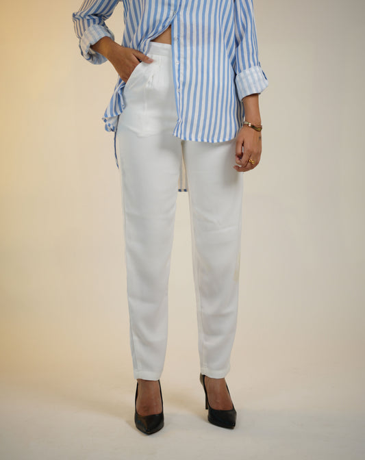 White & Blue Digital Printed Linen Shirt with White High Waist Pleated Trousers