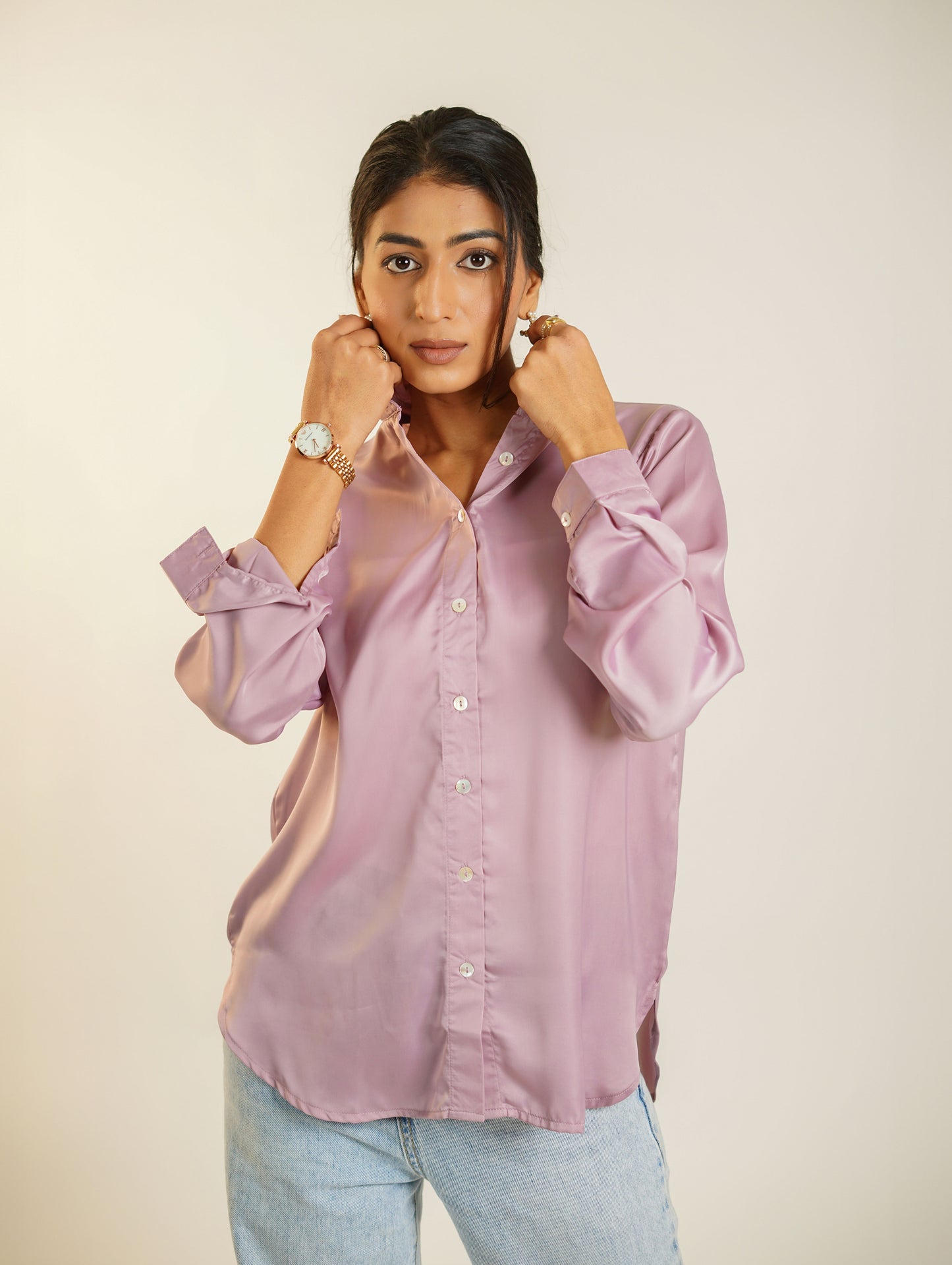 Classic Onion pink Plain Satin Shirt for Women Office wear