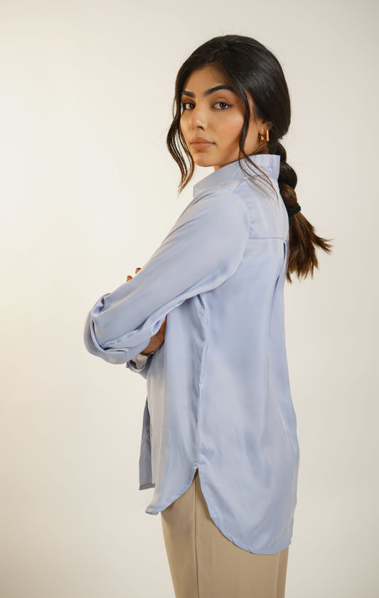 Classic Sky Blue Plain Satin Shirt for Women Office wear