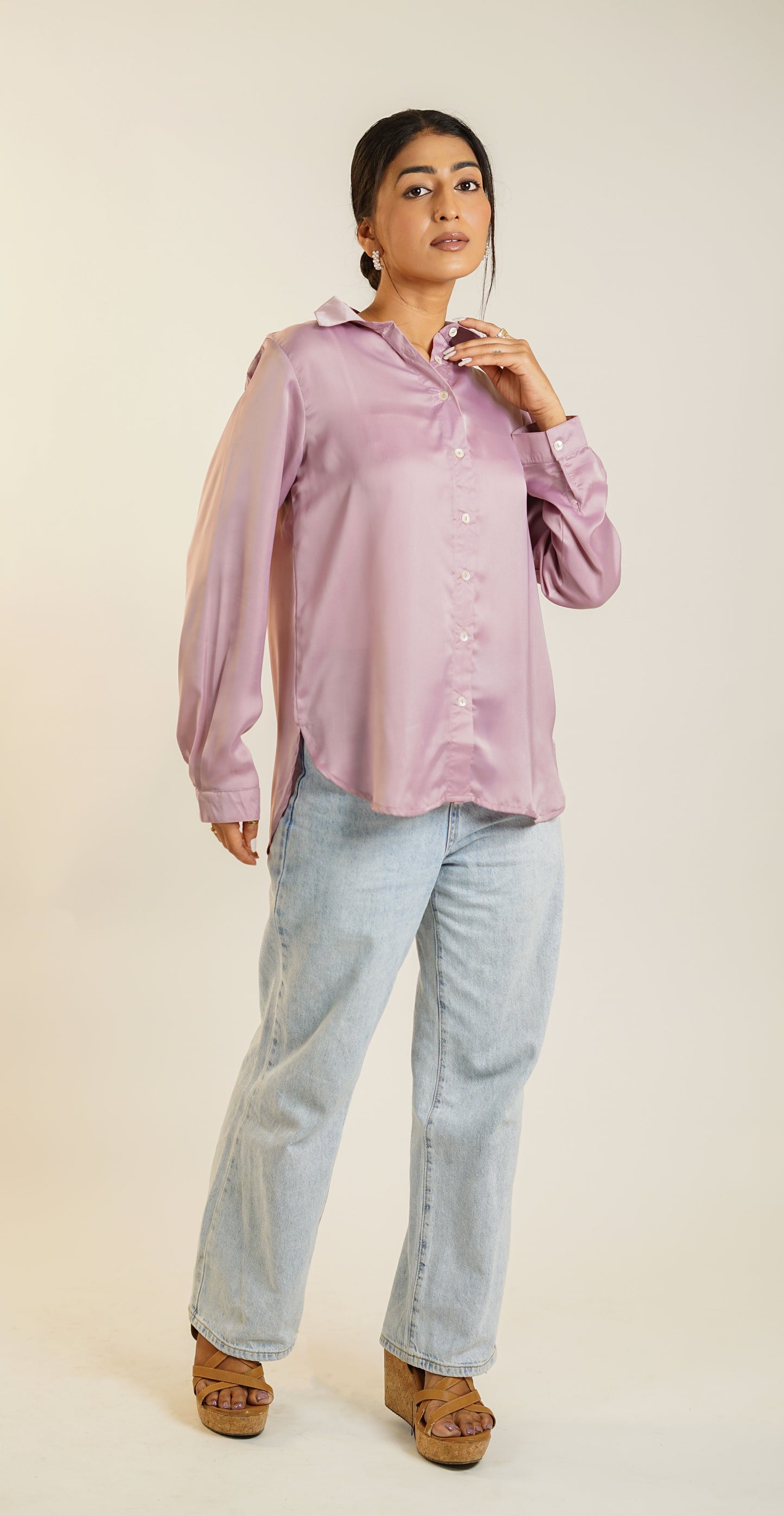 Classic Onion pink Plain Satin Shirt for Women Office wear