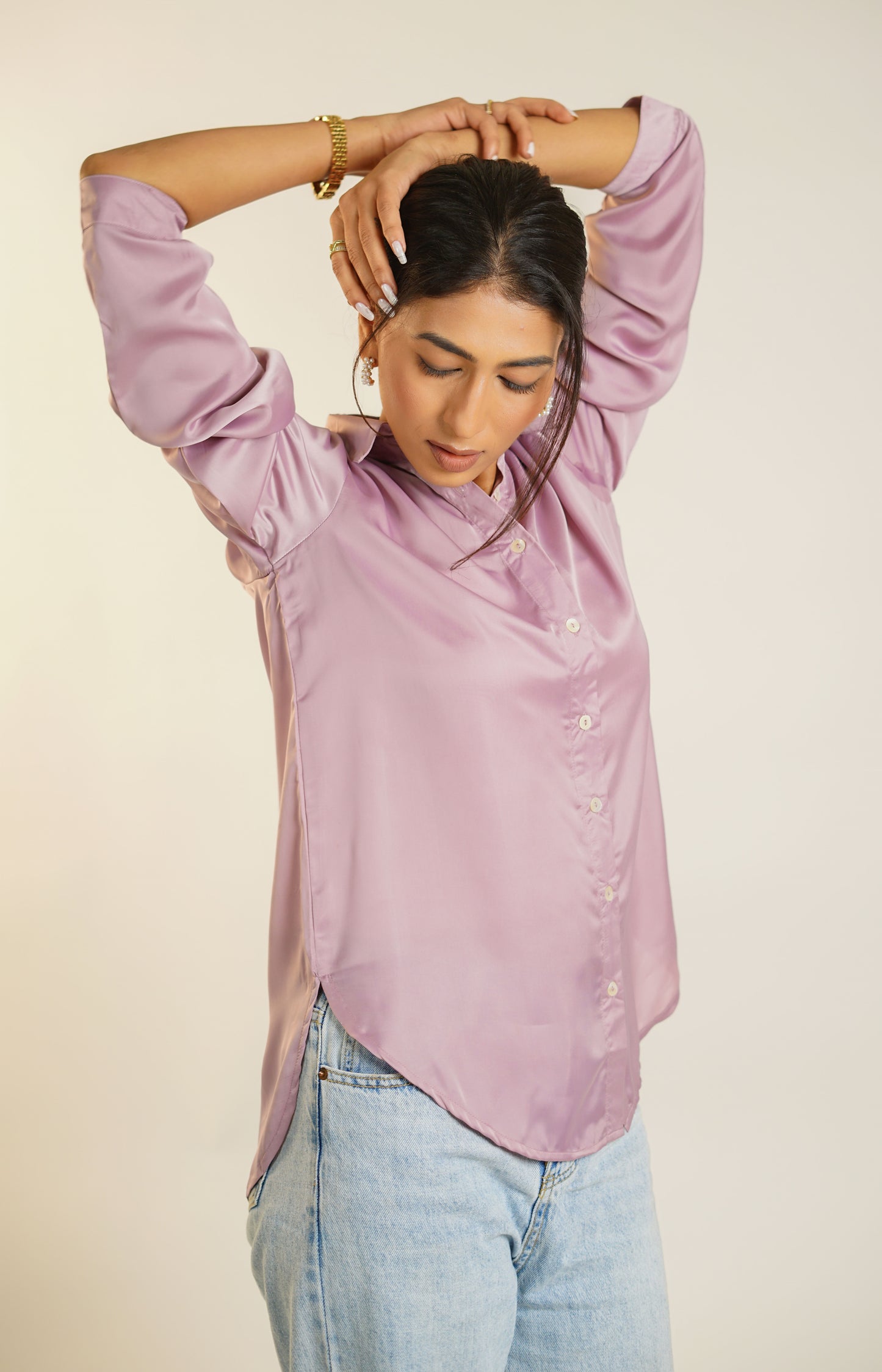 Classic Onion pink Plain Satin Shirt for Women Office wear