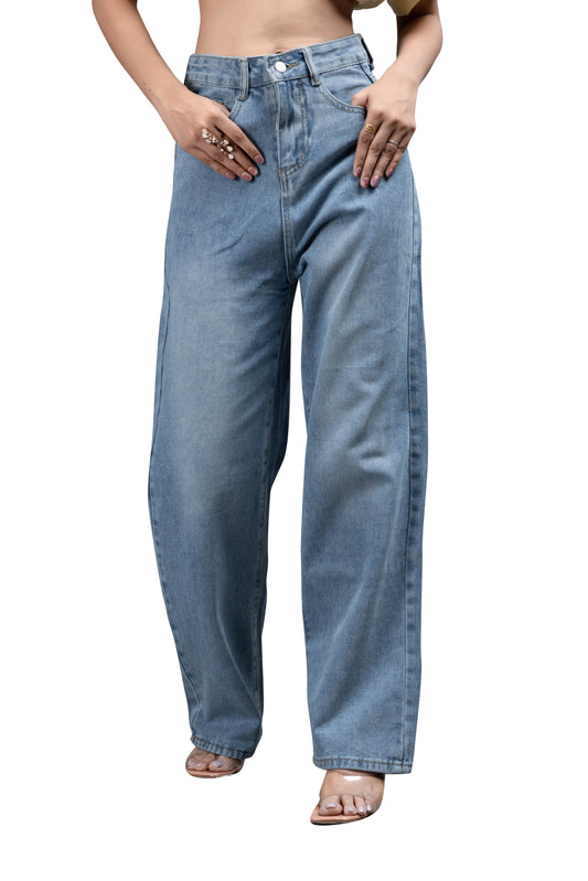 High-Waisted Wide-Leg Baggy Jeans for Women - Light Blue Denim
