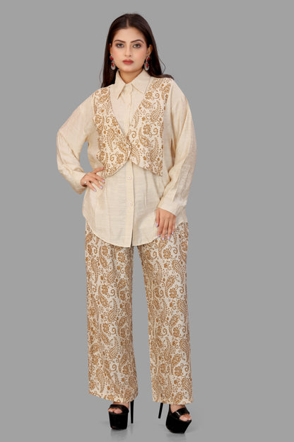 Digital Block Print 3-Piece Co-ord Set - Shirt, Vest & Palazzo Pants