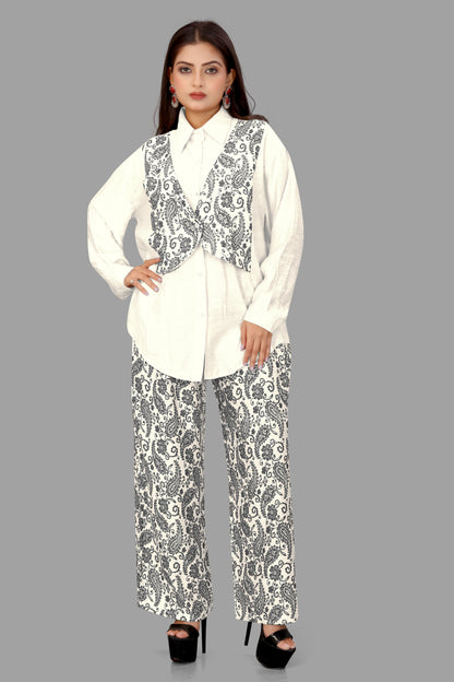 Digital Block Print 3-Piece Co-ord Set - Shirt, Vest & Palazzo Pants