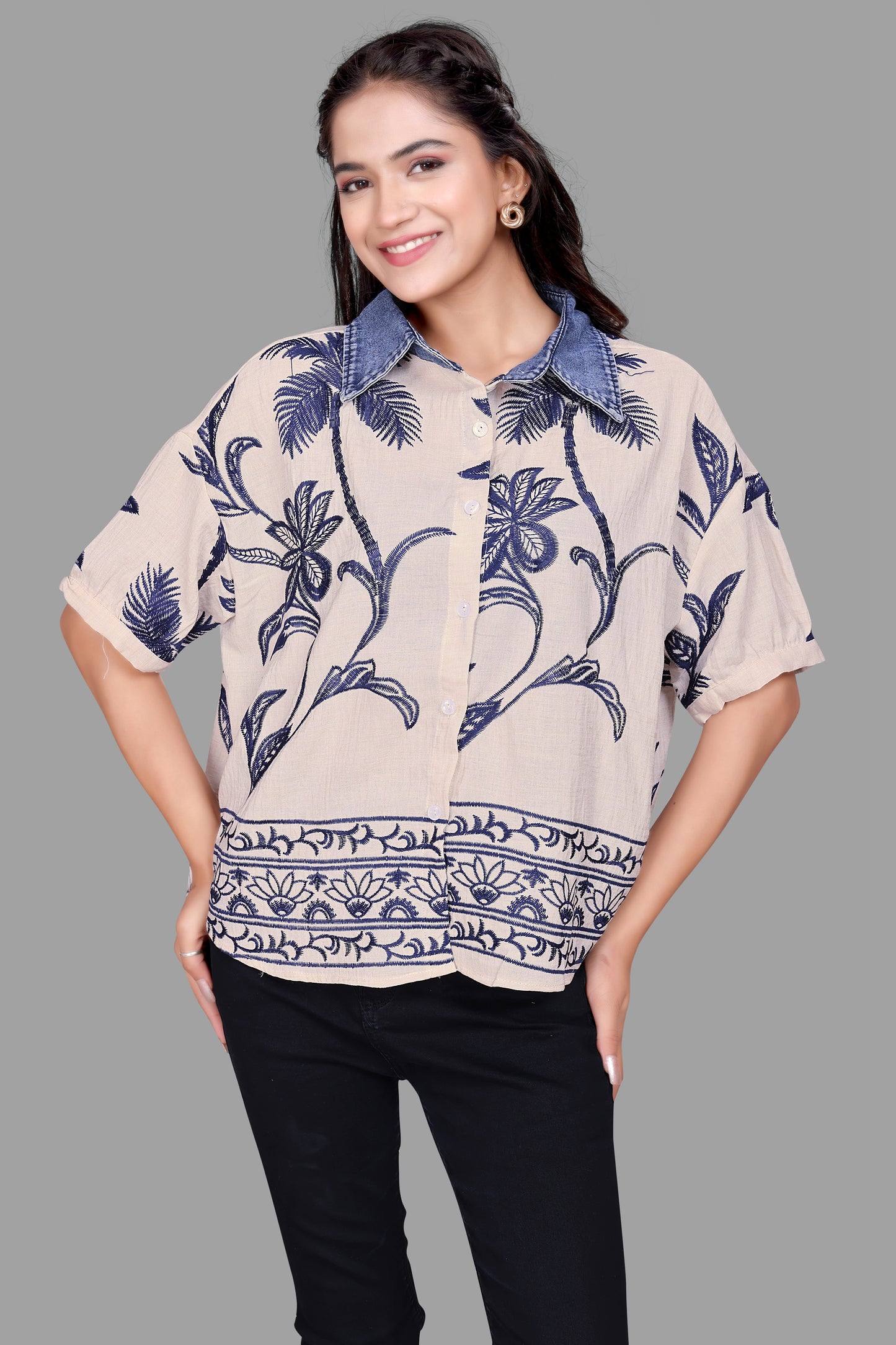 Women's Printed Oversized Shirt with Denim Collar