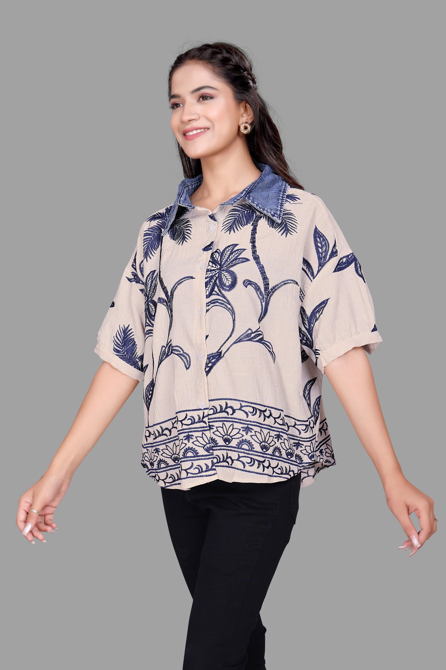 Women's Printed Oversized Shirt with Denim Collar