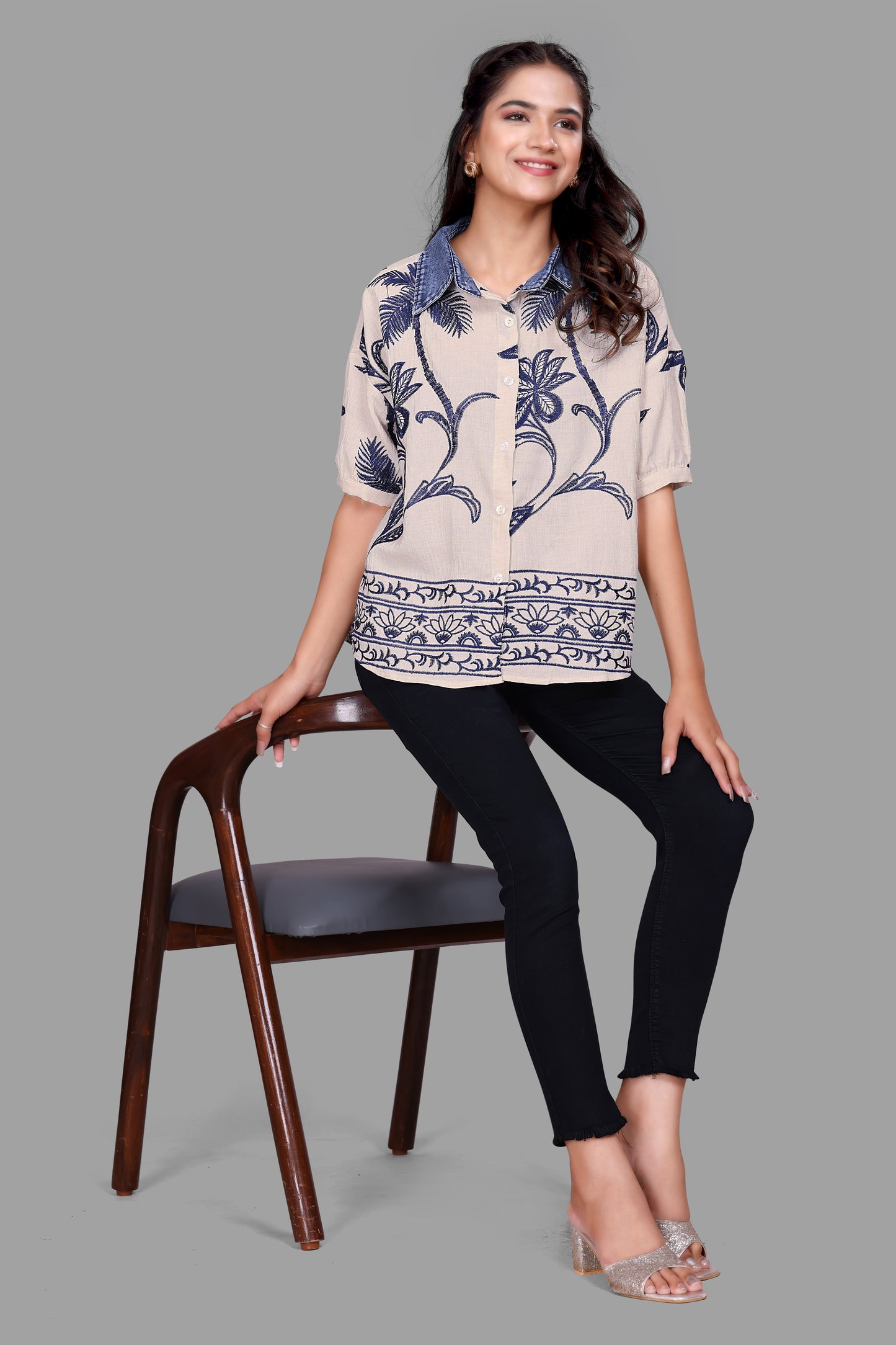 Women's Printed Oversized Shirt with Denim Collar