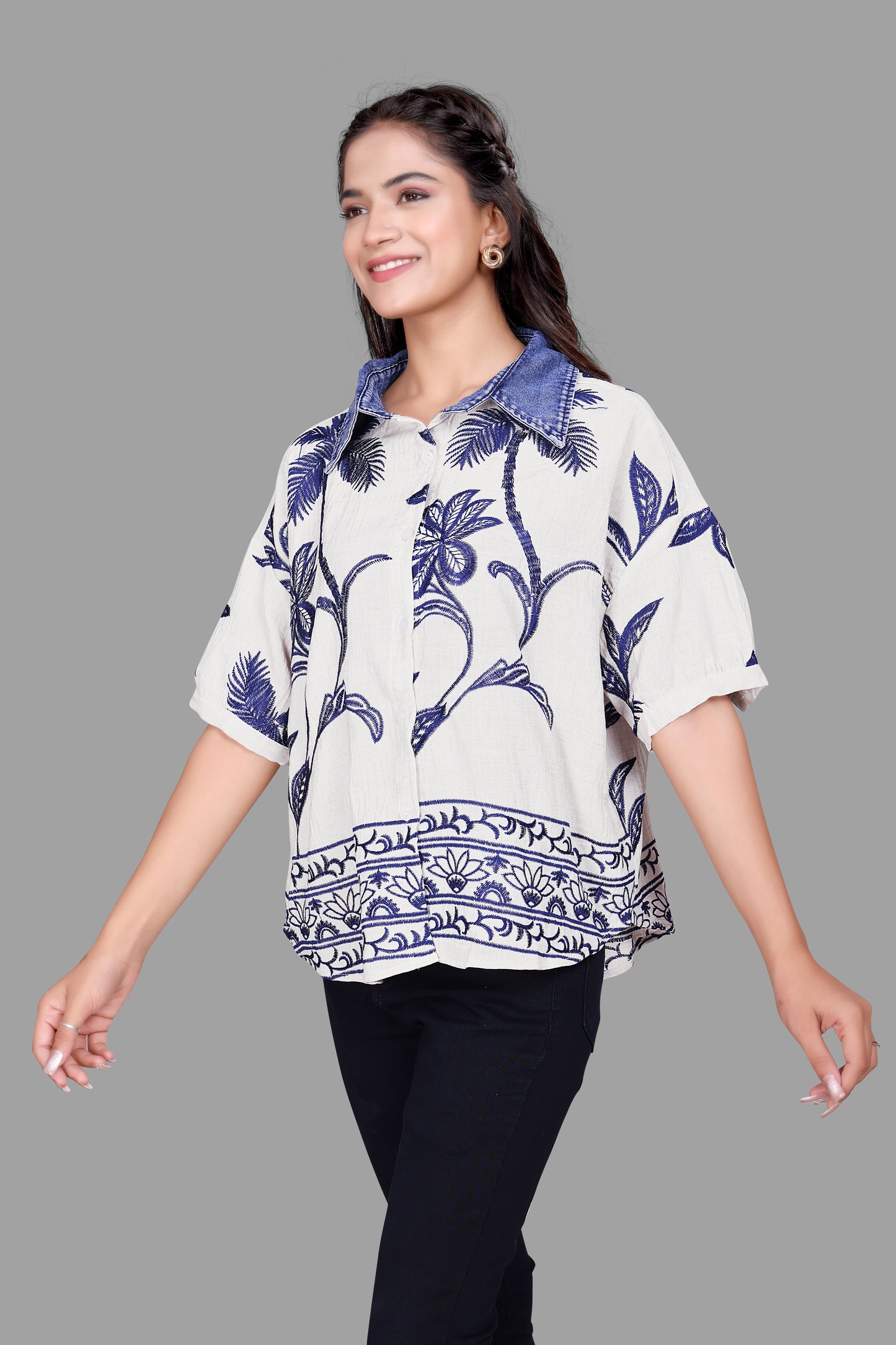 Women's Printed Oversized Shirt with Denim Collar