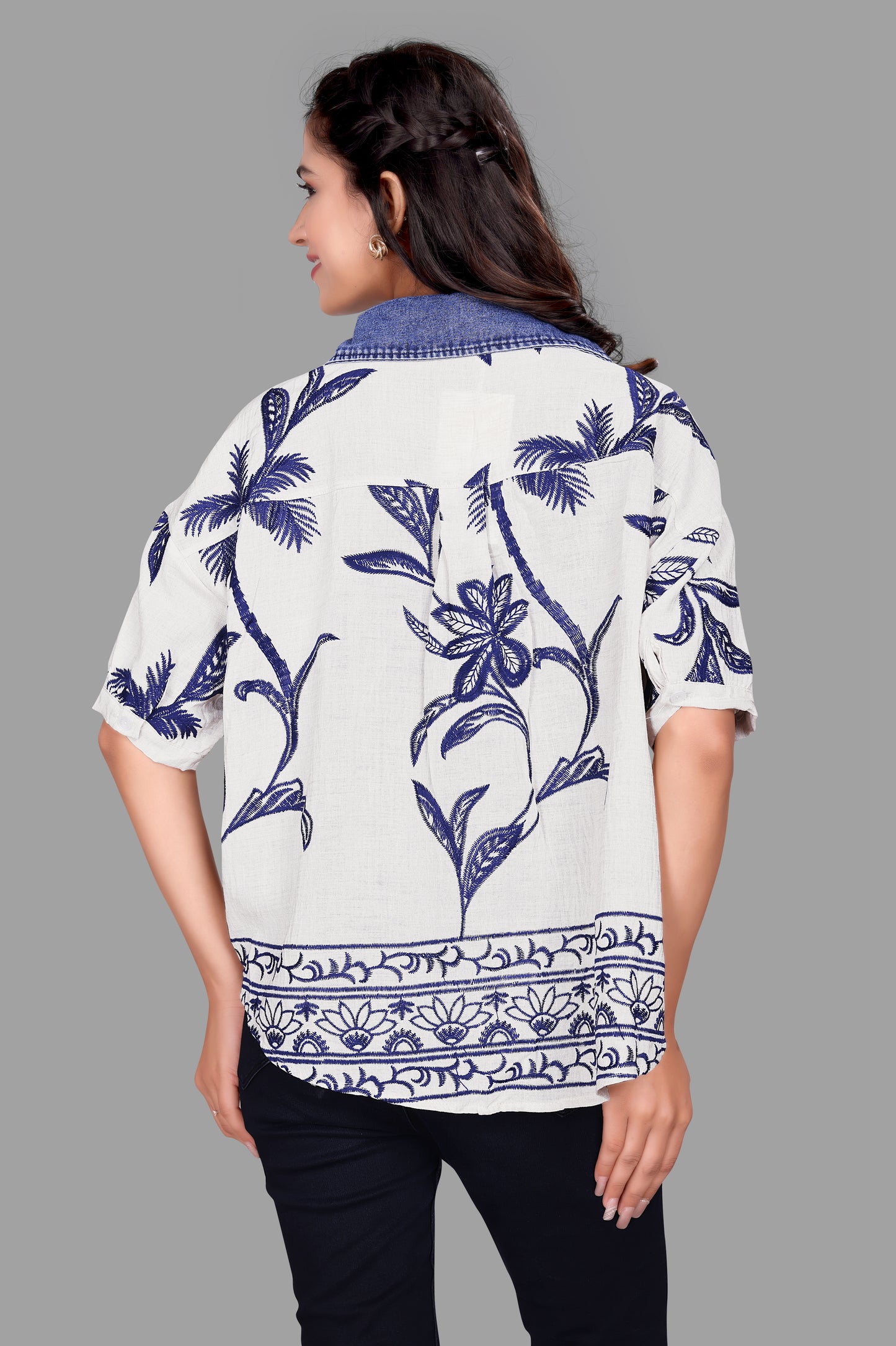 Women's Printed Oversized Shirt with Denim Collar