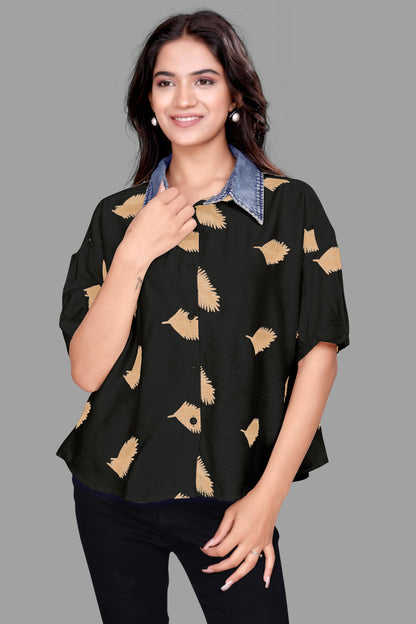 Women's Denim collar Leaf Print Oversized Shirt