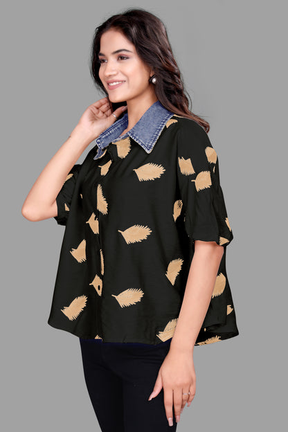 Women's Denim collar Leaf Print Oversized Shirt