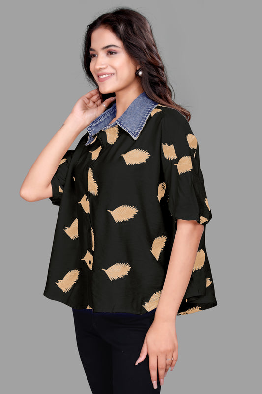 Women's Denim collar Leaf Print Oversized Shirt