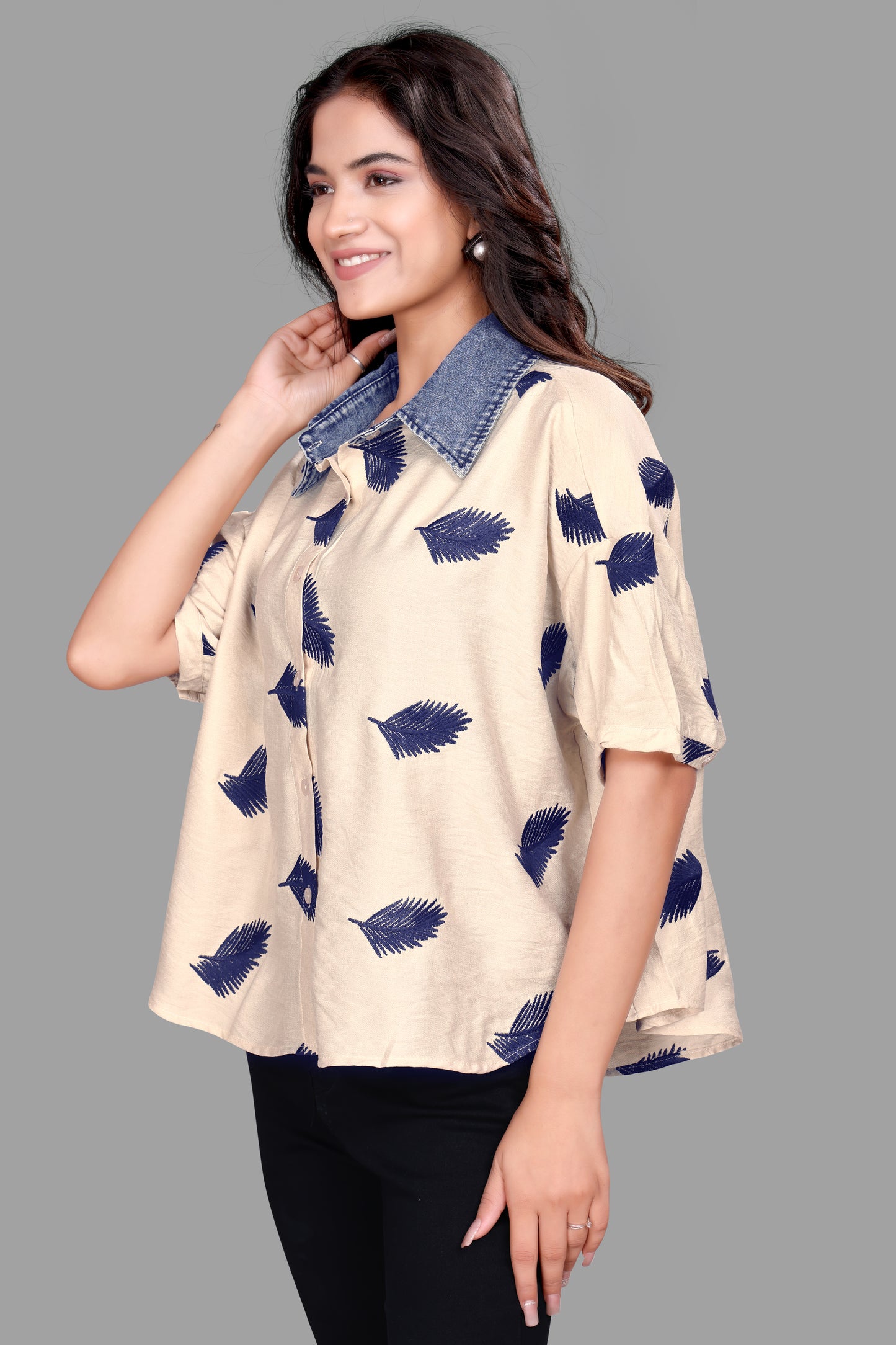 Women's Denim collar Leaf Print Oversized Shirt