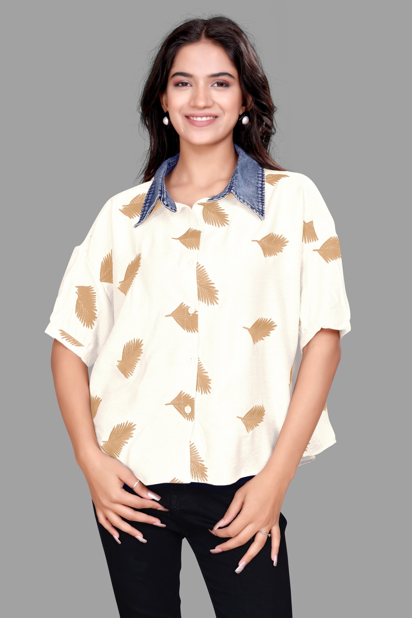 Women's Denim collar Leaf Print Oversized Shirt